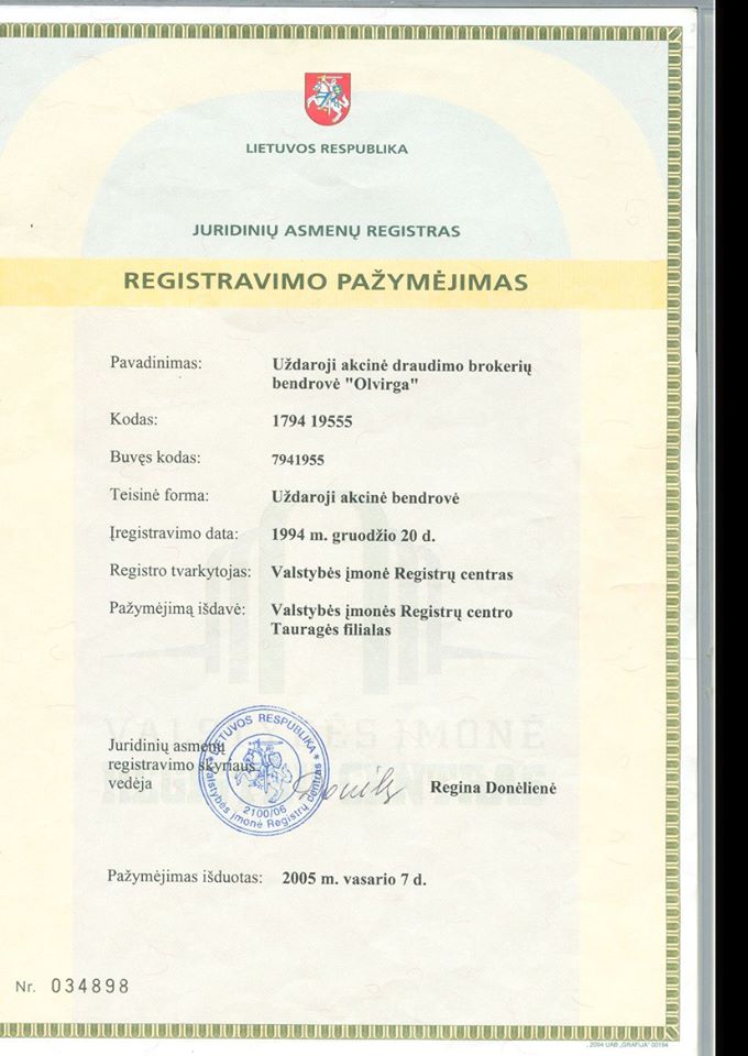 juridinio asmens registravimo pazymejimas